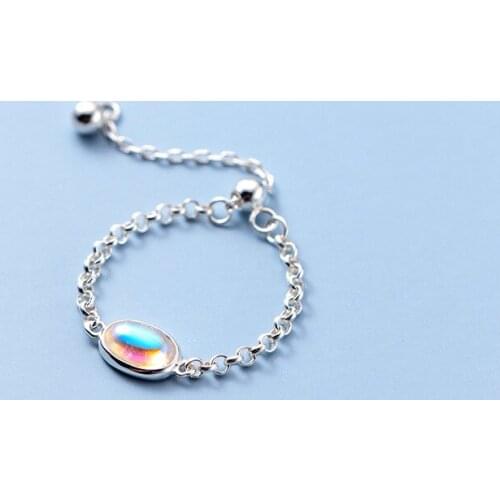 925 Sterling Silver Tassel Link Chain Moonstone Oval Charm Finger Ring For Women Girls Party Jewelry Wholesale jz094