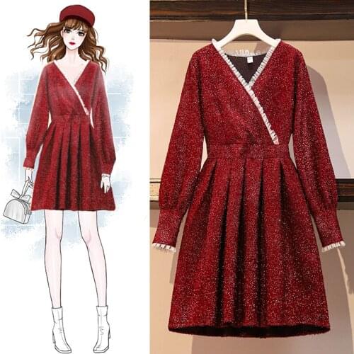 Will spring of large size ladies' s annual meeting small sweet wind bright silk tweed long-sleeved tall waist pleated dress