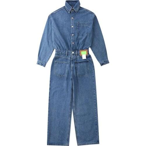 2021 Spring Overalls Men Woman Denim Jumpsuits Long Sleeve Lapel Solid Color Blue Jeans Hip Hop Pants Fashion Lovers Trousers