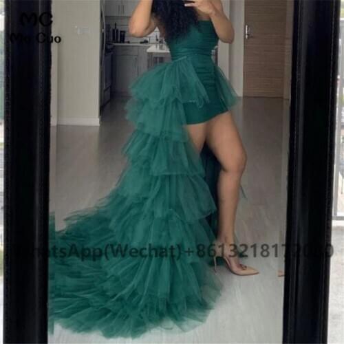 2021 Hunter Green High Low Gwn Prom Evening Dresses Long with Detachable Train African Girls Evening Party Long for Womens