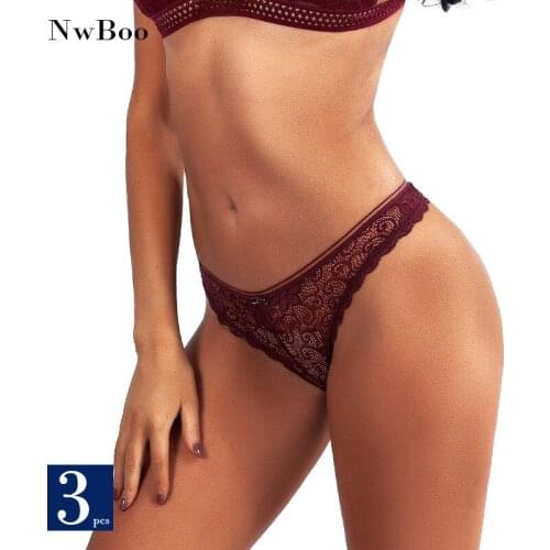Nwboo 3Pcs Hollow Sexy Lace Thong Panties For Women Ice Silk Low-Waist Ladies T-Pants Underwear Female Dropshipping G String