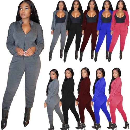 8CQ085 Autumn Winter Women Casual Fashion Solid Zipper Sports Pleated Two Piece Set Top and Pants Tracksuit Sweatsuit Outfits