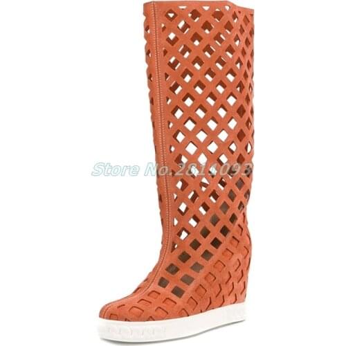 Hollow Height Increase Knee Boots Round Toe Slip On Manufacturer Dress Women Shoes Knee High Orange Solid Suede Summer Boots
