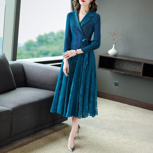 Velvet Long Dress 2020 Autumn New Light Luxury Design Suit Collar Pleated 4/5 Sleeve Office Lady Chic Fake Two Piece Dress Y627