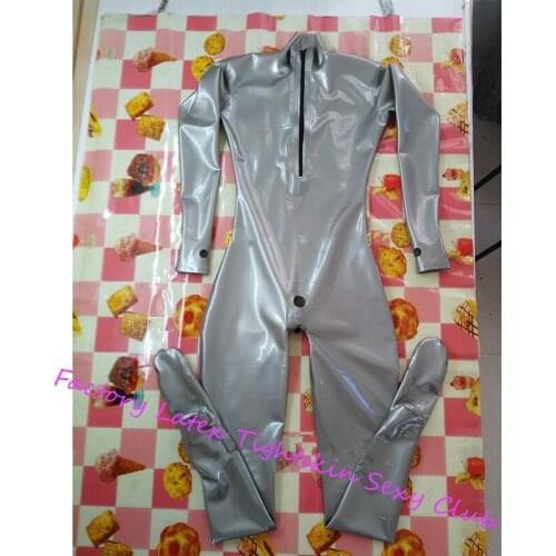 Handmade Male Silver Bodysuit Latex Rubber Tights Catsuit with Front Zipper Open Small Hole for Condom Men Cosplay Costumes