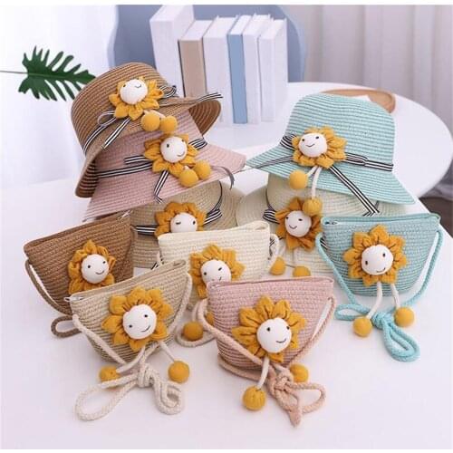 2021 Child Summer New Straw Hat 2-6y Female Baby Girls Hat Matching Bag Korean Sun Shade Flower Pot Hat Beach Beach Hat Matching
