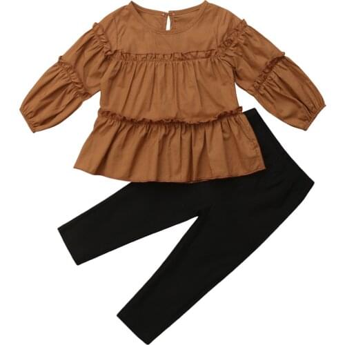 Spring Autumn Fashion Toddler Kids Girls Clothes Long Sleeve Ruffles T-shirt Tops+Black Pencil Pant Trouser 2PCS Clothing Set