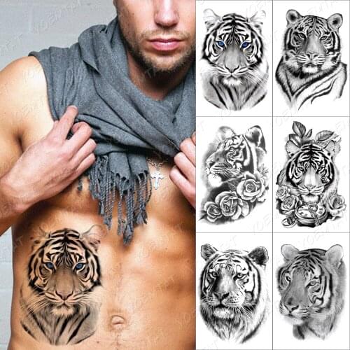 Blue Eye Tiger Temporary Tattoo Sticker For Men Women Adult Flowers Lione Wolf Demon Waterproof Fake Henna Skull Animal Body Art
