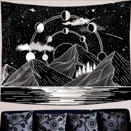 Mountain Moon Stars River Black And White Art Tapestry Wall Hanging Blanket Home Decoration Aesthetic Bedroom House Decor