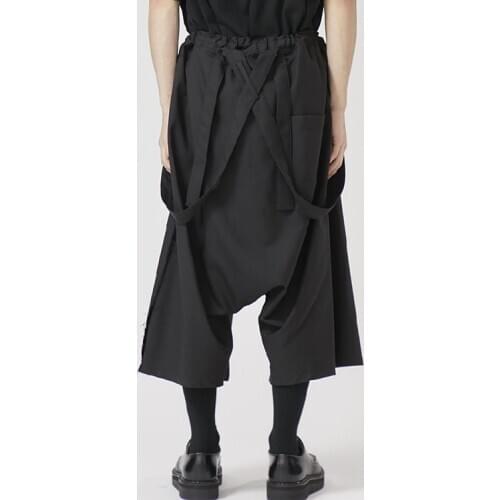 Customized plus size mens casual pants cropped suspenders trousers loose dark black cropped trousers