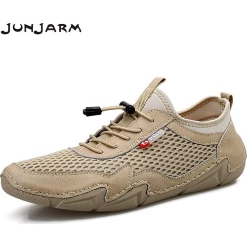 JUNJARM Summer Running Shoes Breathable Mesh Men Casual Shoes Soft Handmade Outdoor Men Loafers Light Driving Shoes Size38-46