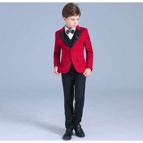 3 pieces Jacket+Vest+pant Formal Boys Suits Red Set Jacket Children Stage teenage Regular Piano performance size 2T-12T