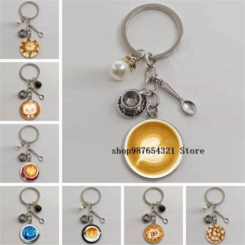 New round glass coffee keychain coffee cup keychain DIY handmade Korean fashion creative unique coffee keychain jewelry gift