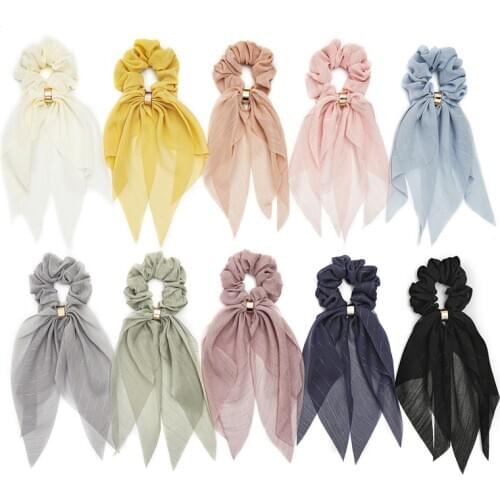 Summer New Long Ribbon Scarf Hair Scrunchies Fashion Pure Color Sweet Chiffon Hair Accessories Handmade Elastic Ponytail Holder