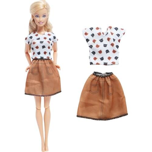 One Pcs Fashion Doll Cute Cat Pattern White Shirt Brown Skirt Daily Casual Wear Clothes for Barbie Doll Accessories Kids Toys