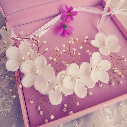 Korea Lace Flowers Crystal Pearl Ribbon Headband Floral Hairband Tiaras Headpiece Bridal Hair Jewelry Women Wedding Accessories
