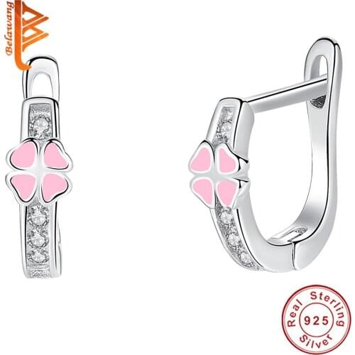 Wholesale Real 925 sterling Silver Pink Lucky Clover Earring Cute Enamel Hoop Earring For Kids Girl Party Birthday Gift