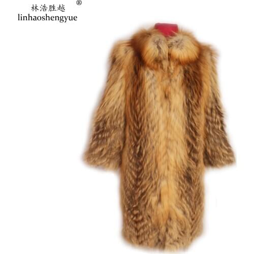 Linhaoshengyue Fox Plus Long 90cm Long Fur Coat Round Neck,Real Red Fox Fur Coat ,Winter Warm Women