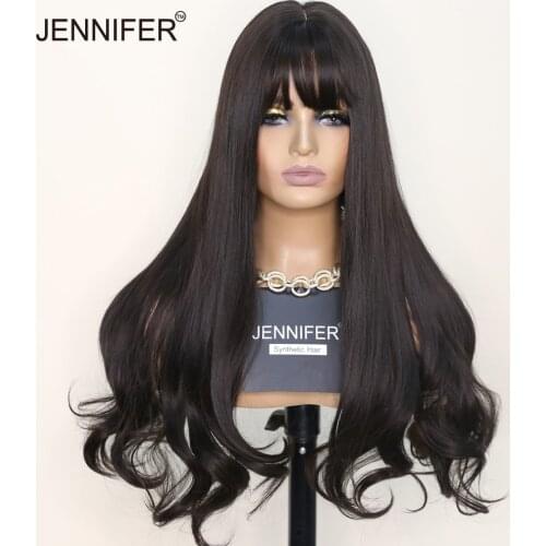 Long curly with bangs Synthetic Wig Chocolate/Aoki Peach Mist Blue/Brown Black Heat Resistant Wigs For Women Full Mechanism