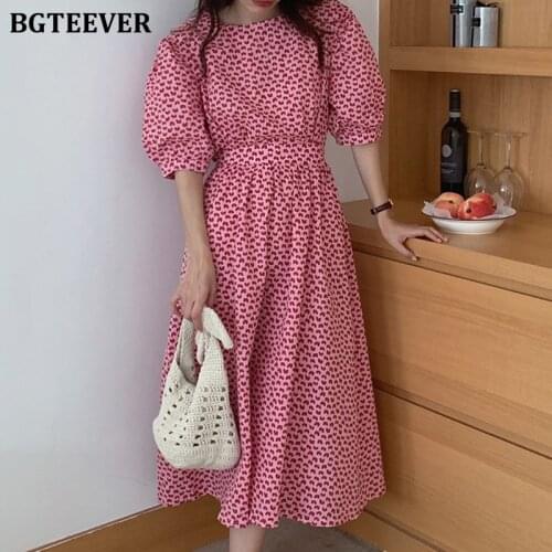 BGTEEVER O-neck Short Sleeve Women Printed A-line Dress 2021 Summer Ladies Hollow Out Slim Midi Vestidos Vintage Female Dress