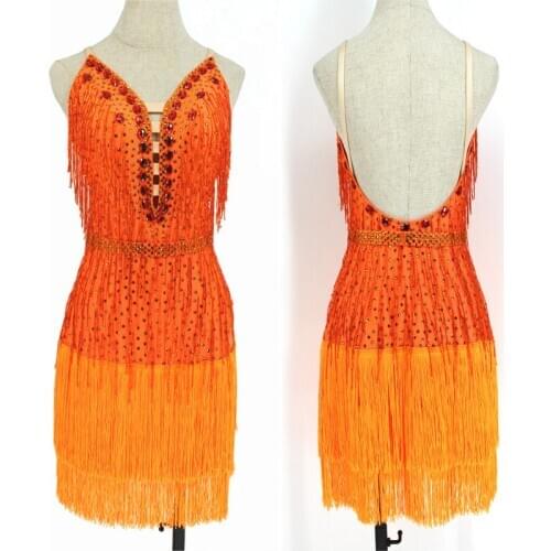 Latin Dance Dress Women Competition Latin Dance Wear Orange Suspender Dress Samba Rumba Full Fringe Performing Costume BL4519