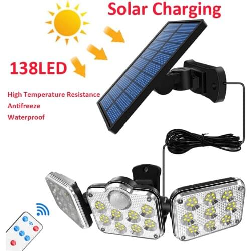 Super Bright 138LED Solar LED Light Outdoor 3 Head Motion Sensor 270° Wide Angle Illumination Waterproof Remote Control Lamp