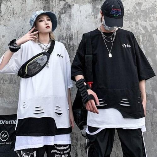Streetwear Summer Hole Stitching Fake Two-piece Half Sleeve Oversized T-shirts Hip Hop Harajuku Crop Tops y2k Woman Cloth Goth
