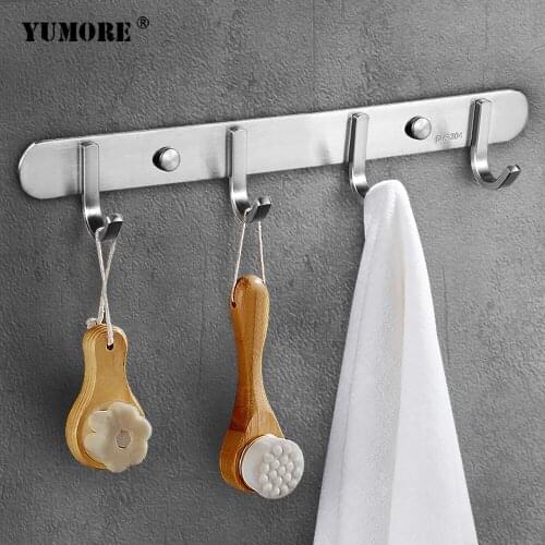 YUMORE 304 Stainless Steel Towel Rack Hooks 3/4/5/6/7/8 Hook Clothes Tableware Bag Wall Mounted Hanger Holder Home Storage Shelf