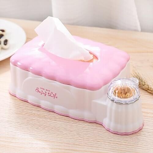 Retractable Rectangle Tissue Box Holder Case with Toothpick Holder, Plastic Storage Case Stand Box Napkin Holder Organizer