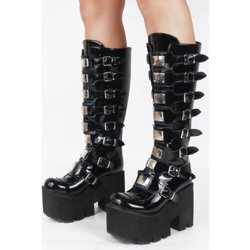 Big Size Cool Motorcycles Boots Over Calf Chunky Platform Square Heels Fashion Black Halloween Cosplay Gothic Woman Shoes