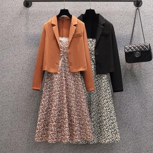 Dress suit female plus size 2021 autumn new Korean fashion casual thin suit retro chiffon floral sling dress two-piece suit chic
