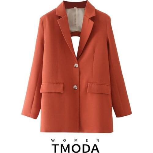 TMODA1765 2021 Za Women Fashion Single Breasted Sexy Backless Blazer Coat Ladies Long Sleeve Female Outerwear Chic Pockets Tops