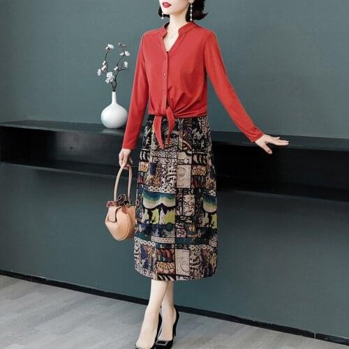 2021 New Spring Autumn Plus Size Womens Cotton Shirt Top + Printed Cotton Linen Skirt SSuit Casual Fashion Two-piece Set s292