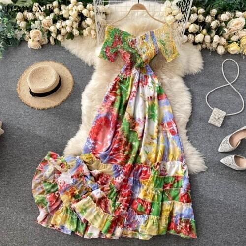 Bohemian Women Tie Dye Printed Short Sleeve Dress Women Summer Long Dress 2021 V-Neck High Waist Vacation Beach Ruffle Vestidos