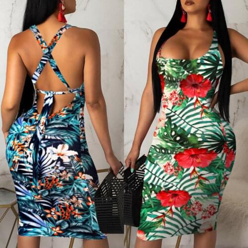Women Floral Strap Mini Dress Sleeveless Backless Bodycon Pencil Short Dresses Summer Beach Holiday Vestidos Clubwear