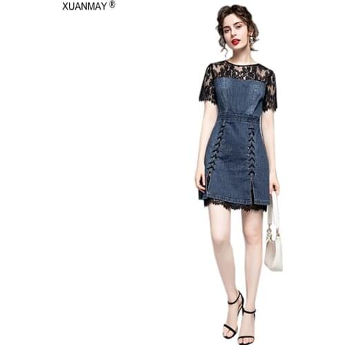 Summer 2021European Style Denim Dress Beautiful Women Denim Stitching Lace Dress Brand Design Women Lace Decoration Denim Dress