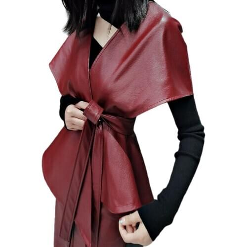 Women Faux Leather Waistcoat with Belt Loose Cardigan Sleeveless Jacket Lady Autumn Burgundy Vest Elegant Tops V Neck LT948S50