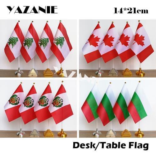 YAZANIE 14*21cm 4PCS Canada Peru Bulgaria Lebanon Table Flag with Golden Plastic Round Base World Country Desk Flags and Banners