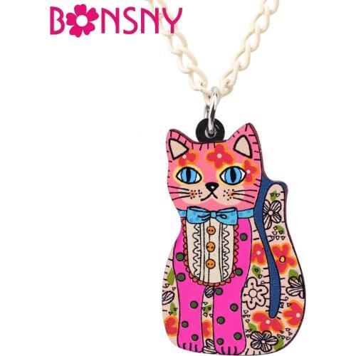 Bonsny Acrylic Floral Elegant Cat Necklace Pendant Chain Collar Fashion Animal Charms For Women Girls Ladies Jewelry Teens Gift
