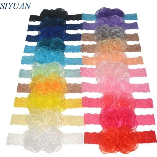 40pcs/lot Bulk Sale Elastic Lace Headband with Two Singed Half Clear Silk Flower Newborn Kids Hair Accessories FD251