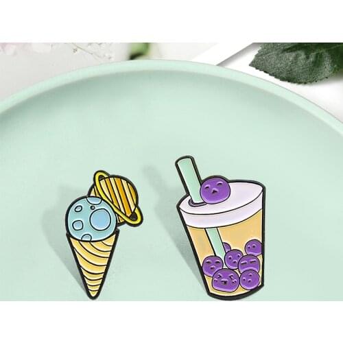 Sweet Ice Cream Drinks Enamel Pins Custom Planet Ice Cream Tea With Milk Brooch Lapel Badge Brooches Gift Jewelry Wholesale