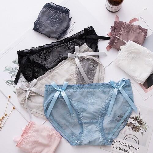 7 Colors/full Lace Beautiful Sexy Bowknot Underwear Japanese Ladies Cute Solid Color Briefs Jacquard Translucent and Comfortable