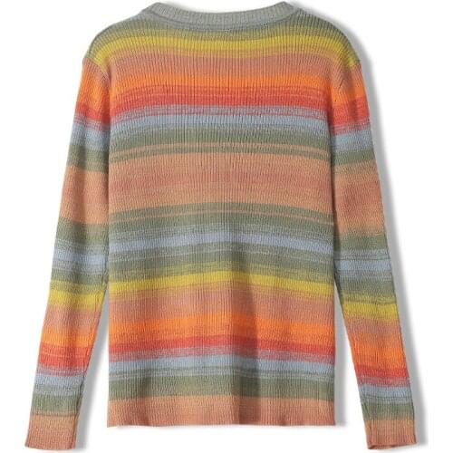 Fashion Autumn Chic Womens Rainbow Stripe V-Neck Cardigans Slim Women Knitted Japan Style Opne Stitch Office Lady Sweaters