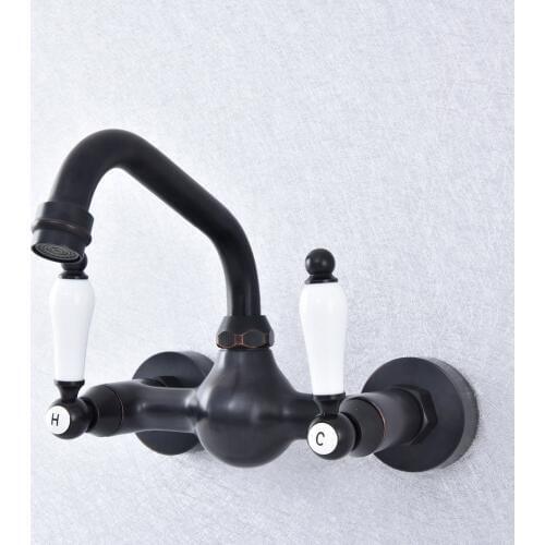 Oil Rubbed Bronze Wall Mounted Basin Faucets Bath Faucets Double Handle Bathroom Sink Washbasin Water Mixer Tap zsf707