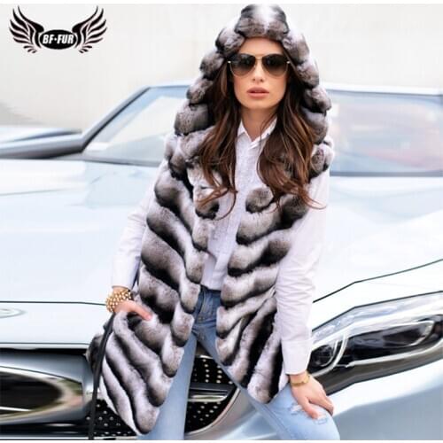 Natural Real Chinchilla Rex Rabbit Fur Vest With Hood Full Pelt Genuine Rex Rabbit Jacket With Leather Belt Luxury Overcoat 2020