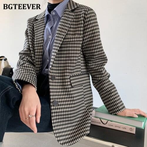 BGTEEVER Vintage Loose Women Plaid Blazer Jackets Stylish Long Sleeve Single-breasted Female Blazer 2021 Spring Suit Coats Femme