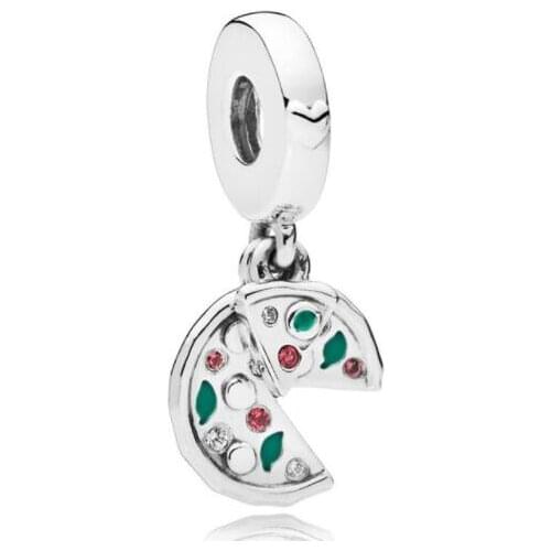 Genuine 925 Sterling Silver Charm Green Enamel Passion For Pizza With Crystal Beads Fit Pan Bracelet & Necklace DIY Jewelry