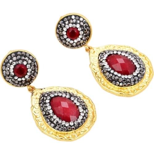 JK 24 K Yellow Gold Plated Teardrop Red Jade Crystal Pave CZ Stud Earrings