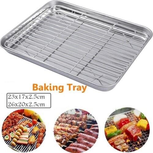 Rectangular BBQ Baking Tray Draining Oil With Grid Rack Stainless Steel Baking Pan Sheet With Removable Cooling Rack
