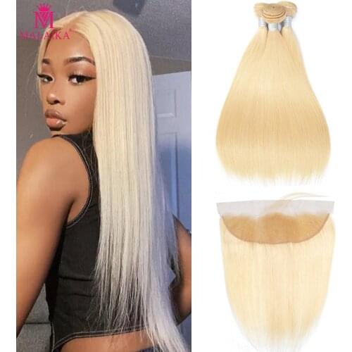 Malaika Hair Straight 613 Bundles With HD Frontal Pre Plucked Platinum Blonde Brazilian Hair Weave 3/4 Bundles With Frontal Remy
